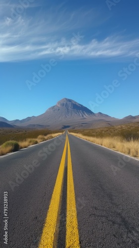 An empty road with yellow lines and a mountain in the background. Generative AI.