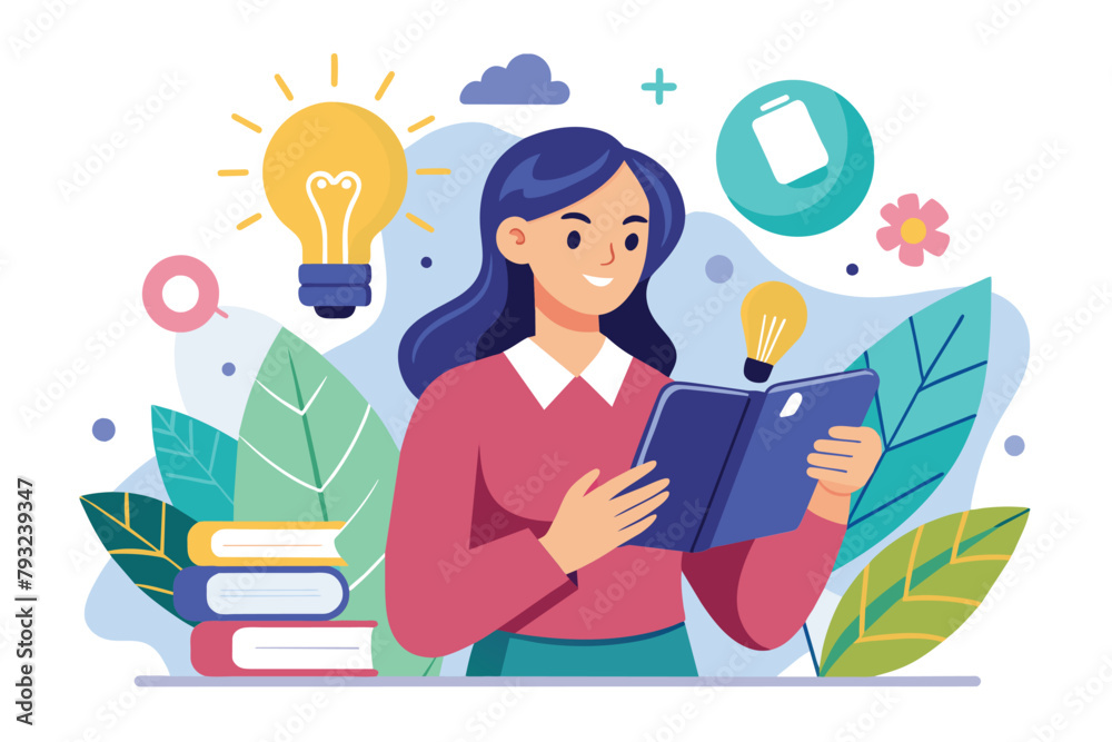 A woman engrossed in reading a book with a glowing light bulb above her head, online education with woman holding smartphone book and light bulb, Simple and minimalist flat Vector Illustration