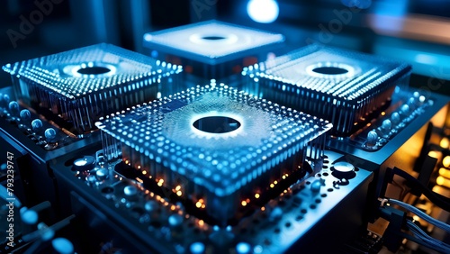 Quantum computing hardware such as qubits quantum gates and cryogenic cooling system photo