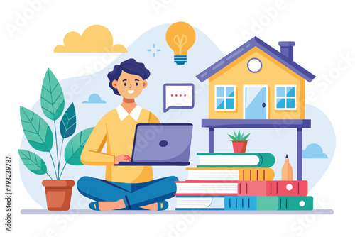 A man sitting on the floor in front of a house, working on a laptop, online home education training courses, Simple and minimalist flat Vector Illustration