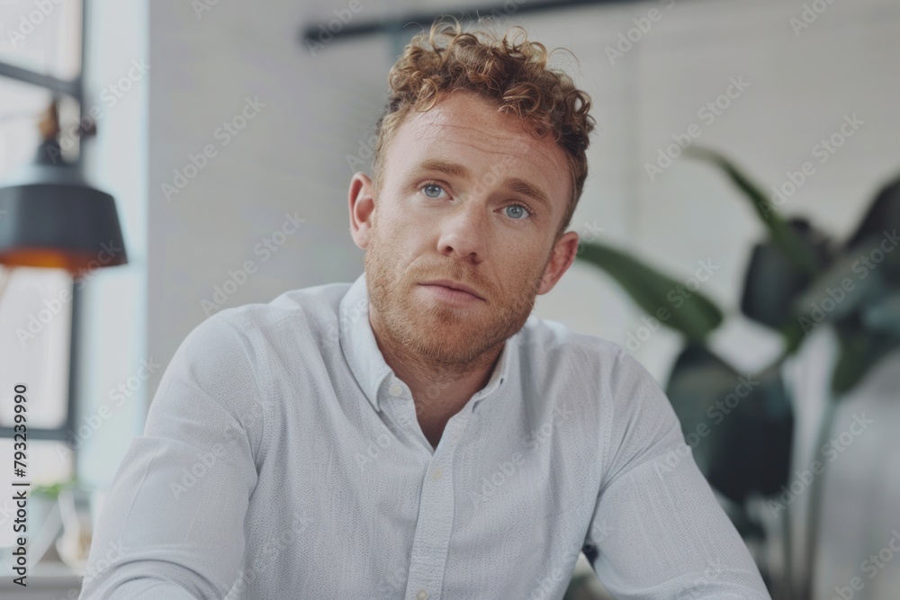 Fototapeta premium Portrait of a determined young man, a dedicated manager, at the workplace table.