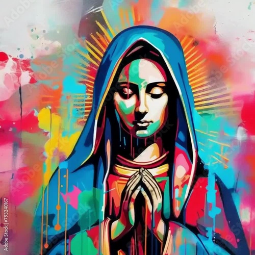 Abstract reimagining of Our Lady of Guadalupe with bold lines, vibrant street art colors, and urban elements like spray paint drips, 4k animation video photo