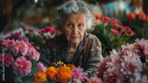 An old woman sitting in a bunch of flowers with her eyes closed. Generative AI.