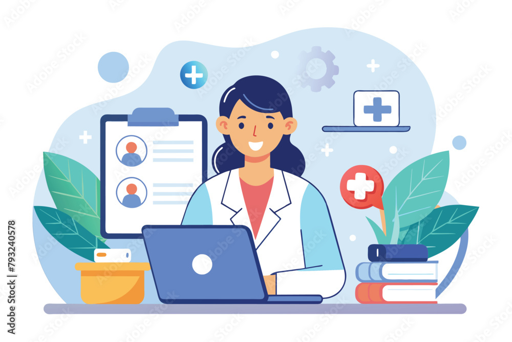 Fototapeta premium A woman sitting in front of a laptop computer, engaging in online medical consultation service, online medical consultation service, Simple and minimalist flat Vector Illustration