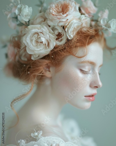 A close-up portrait of a serene woman adorned with intricate white flowers woven into her hair giving a peaceful, ethereal look