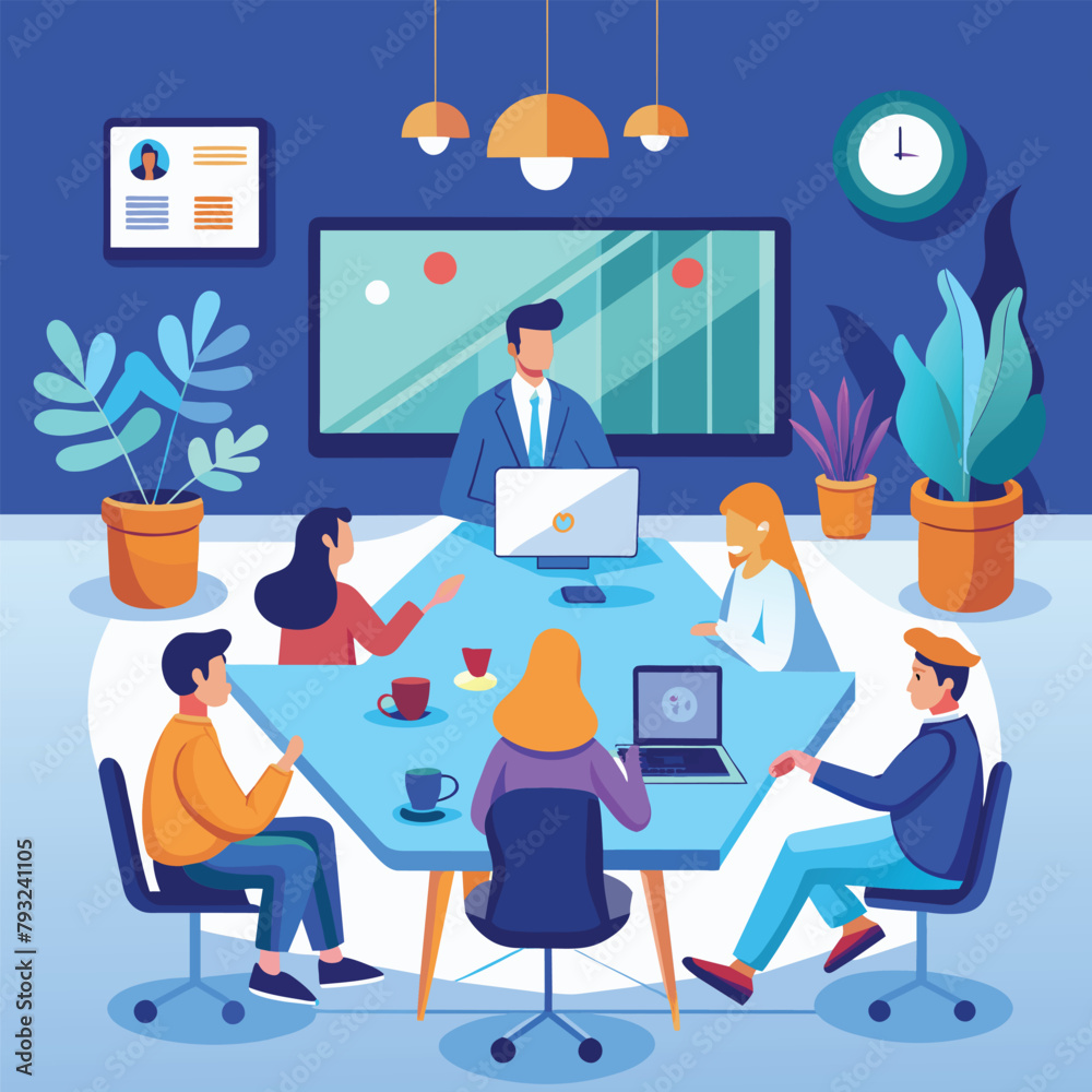 A group of individuals seated around a table, all focused on their laptops, engaged in an online meeting, Online meeting room trending, Simple and minimalist flat Vector Illustration A group of individuals seated around a table, all focused on their laptops, engaged in an online meeting, Online meeting room trending, Simple and minimalist flat Vector Illustration