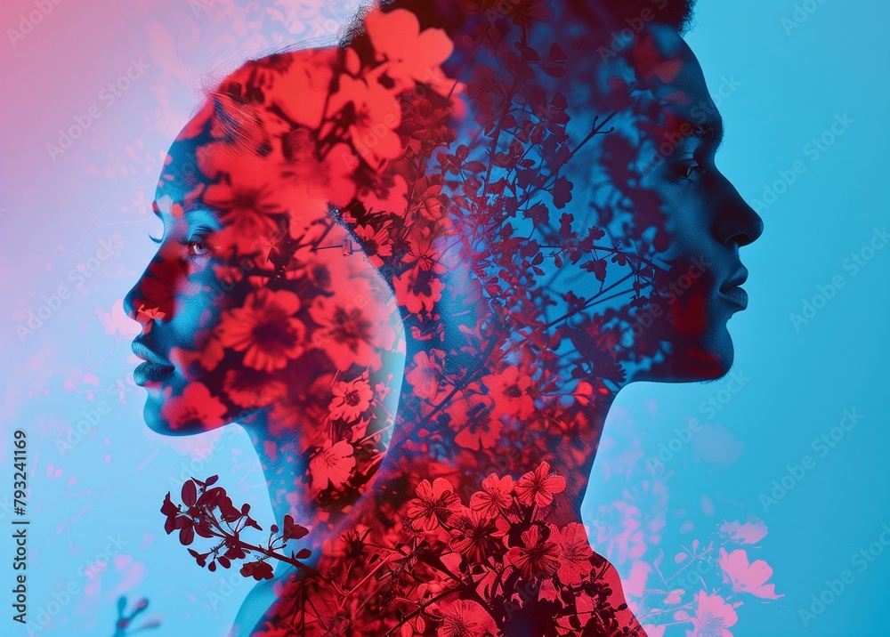 Double exposure of a woman and a man field with flowers. Red blue color gradient background. Concept of illustration for varied design. Double exposure of a woman and a man field with flowers. Red blue color gradient background. Concept of illustration for varied design.