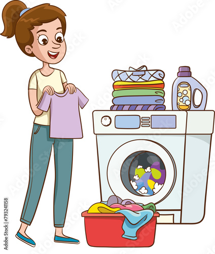 Woman busy with dirty laundry vector illustration. Cartoon wife, mother putting clothes in washing machine. Cute housewife doing domestic chores isolated character. Laundromat, domestic appliances