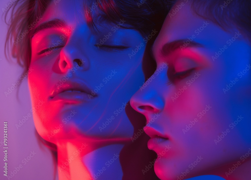 Obraz premium A couple with their eyes closed in deep thought, captured on a purple blue background. An atmosphere filled with mystery and romanticism. Clean sharp focus. 