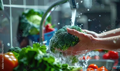 Woman washing vegetables wi...