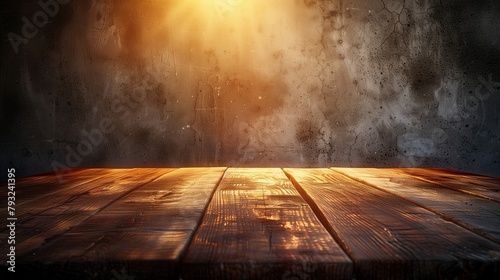 In a dimly lit room, an old, sturdy wooden table claims the spotlight, bathed in a pool of warm, golden light that highlights its imperfections and tells a story of its longevity