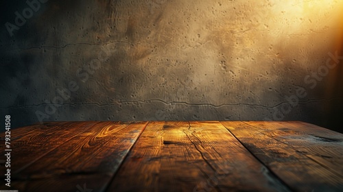 In a dimly lit room, an old, sturdy wooden table claims the spotlight, bathed in a pool of warm, golden light that highlights its imperfections and tells a story of its longevity photo