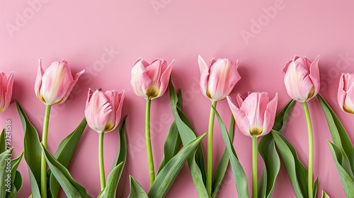A stunning arrangement of pink tulips set against a soft pink backdrop symbolizing both International Women s Day and Mother s Day creating the perfect flat lay with ample space for copy #793241516