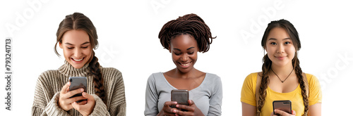 Set of ecstatic women from various races holding cellphones, Isolated on Transparent Background, PNG