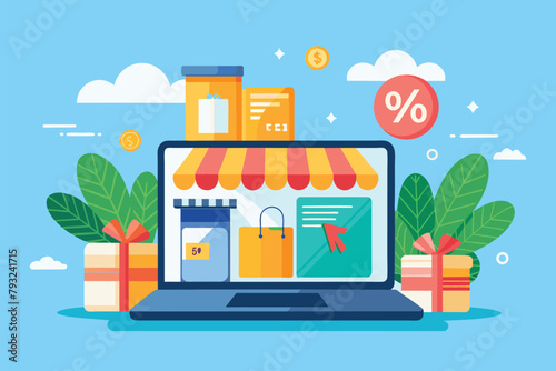 A laptop screen displaying a sale sign, promoting online sales in the market, online sales promotion in the market via laptop, Simple and minimalist flat Vector Illustration