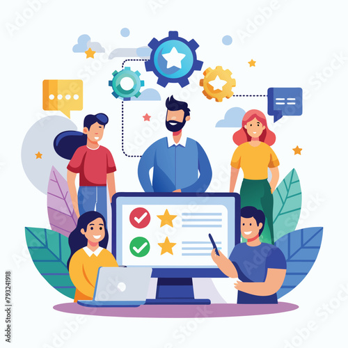 Group of People Viewing Computer Screen, online service management and clients providing positive feedback customer support, Simple and minimalist flat Vector Illustration