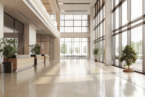 Modern office hall with panoramic windows  pleasant beige and brown tones  spacious interior design