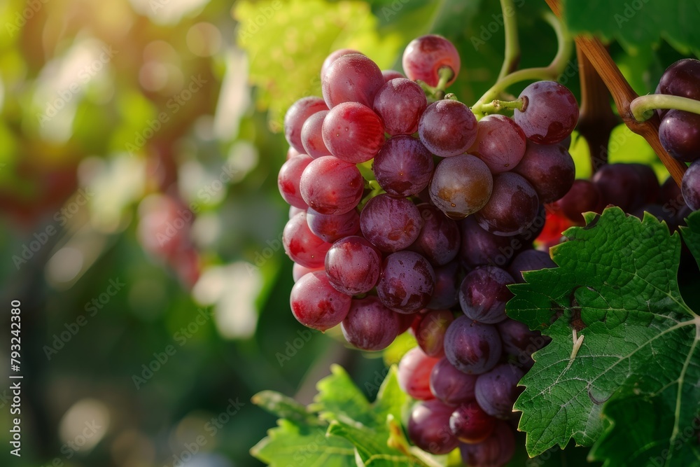 Ripe red grape bunches in a serene vineyard setting abundant with harvest-fresh fruit
