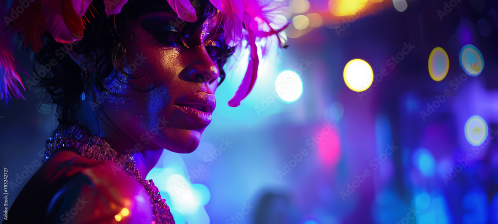 An attractive guy dressed in the style of a drag queen with purple and pink makeup, wearing a feathered headpiece, dancing at a nightclub An attractive guy dressed in the style of a drag queen with purple and pink makeup, wearing a feathered headpiece, dancing at a nightclub
