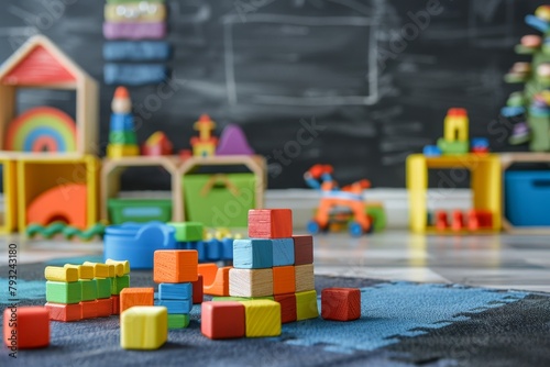 Colorful educational blocks toys in childrens playroom for preschoolers kindergarten