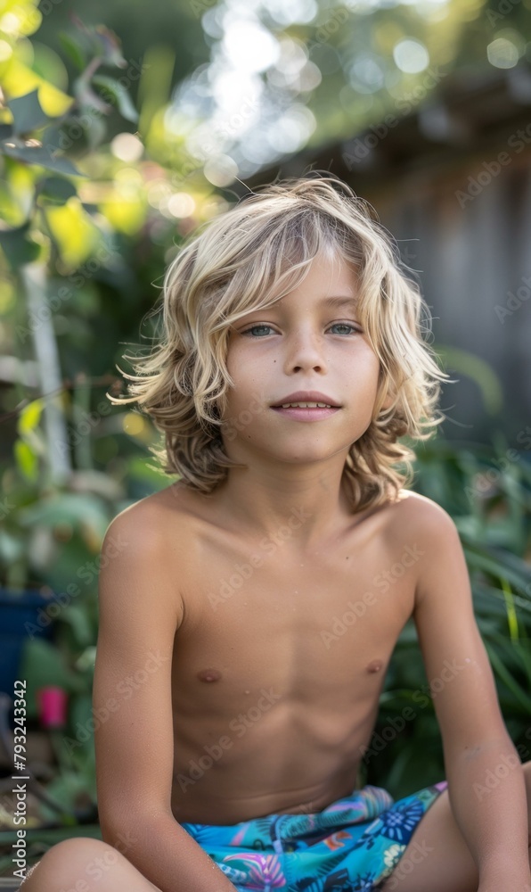 A young boy sitting in a backyard. Generative AI.