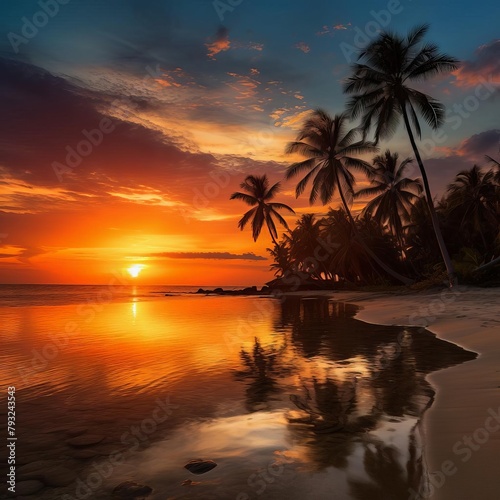 A serene beach sunset with silhouettes of palm trees and a calm sea  creating a peaceful and romantic evening atmosphere.