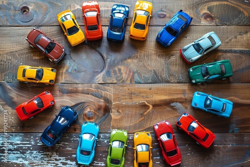 Colorful toy car collection in childs playroom circle, top view, kids room decor photo