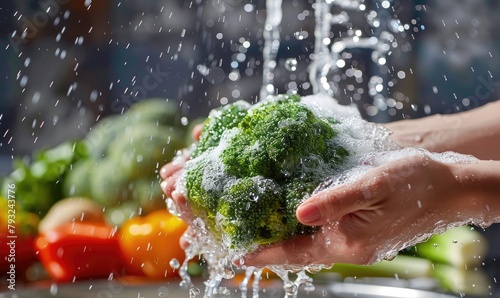 Woman washing vegetables wi...