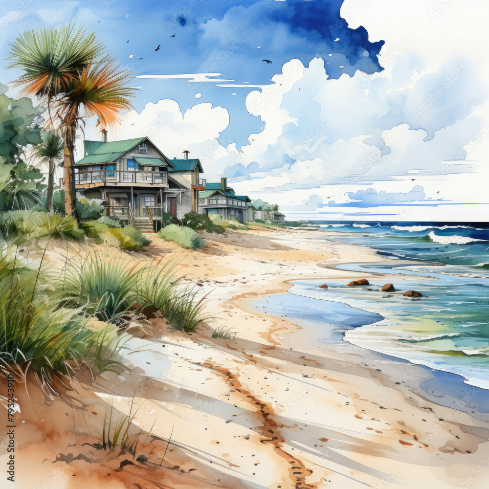 Watercolor Beach Landscape, clipart Illustration, Generative Ai