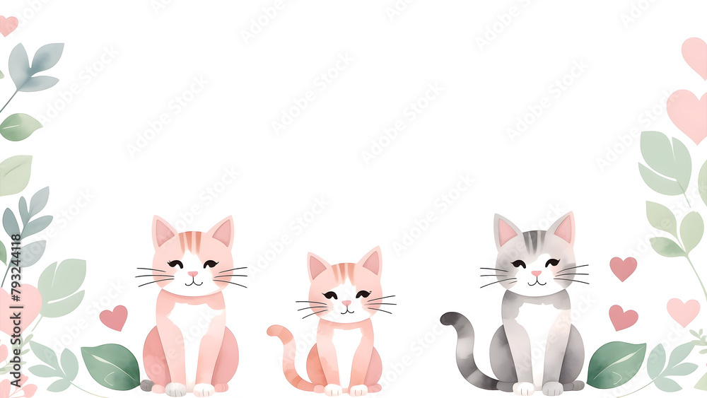Cute pink cats frame background with red hearts