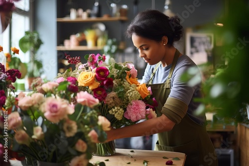 A florist arranging a colorful bouquet of mixed flowers in a floral shop  focusing on the hands and flowers to emphasize craftsmanship and beauty.