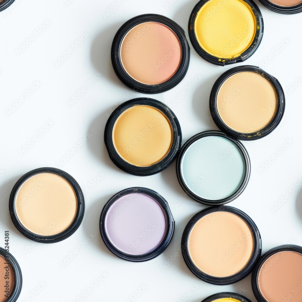Various shades of makeup products displayed on a white table Various shades of makeup products displayed on a white table