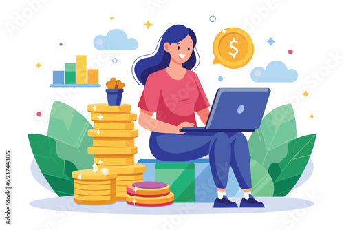 A woman sitting on a stack of coins while using a laptop for online shopping, Online shopping, a woman sitting on coins is shopping online, Simple and minimalist flat Vector Illustration