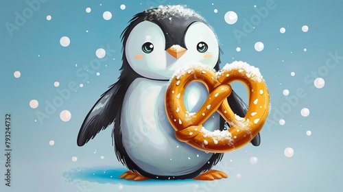 cute illustration of a penguin who hold a delicious fresh salty pretzel photo