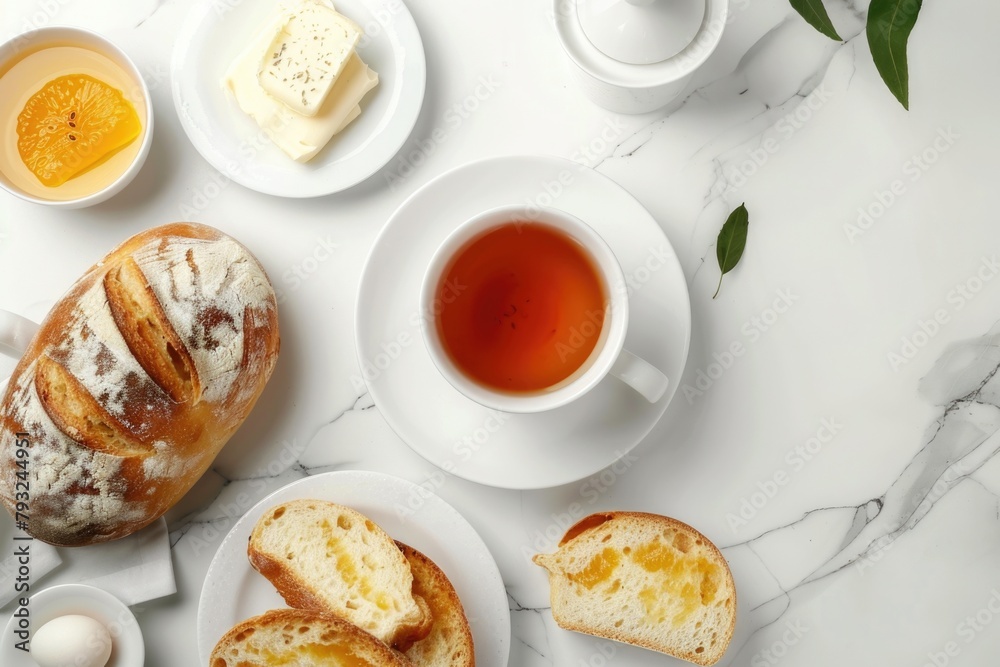 A table with plates of food and a cup of tea. Suitable for food blogs or restaurant menus A table with plates of food and a cup of tea. Suitable for food blogs or restaurant menus