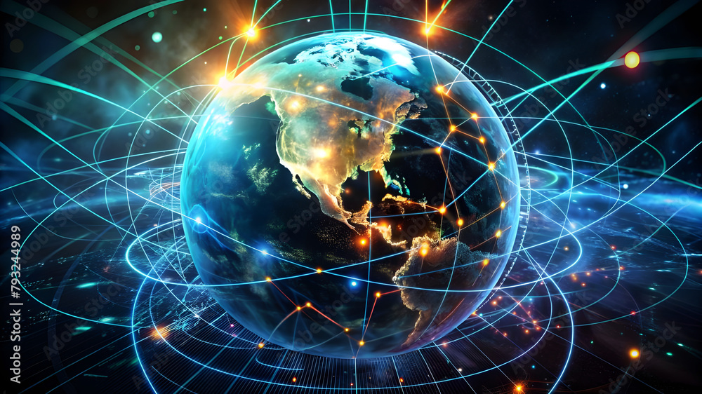 Earth globe surface in a neon futuristic style, featuring intricate neural nexus lines. The concept represents technological progress and the World Wide Web. Earth globe surface in a neon futuristic style, featuring intricate neural nexus lines. The concept represents technological progress and the World Wide Web.
