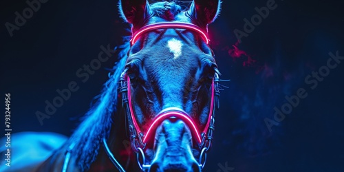 A Horse Adorned with Neon Lighting Harnesses, Symbolizing a Merge of Nature and Advanced Technology, Generative AI