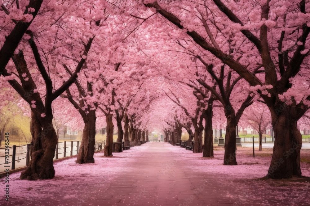Magnificent cherry trees in full bloom along a scenic park pathway, petals gently falling as people stroll beneath the pink canopy