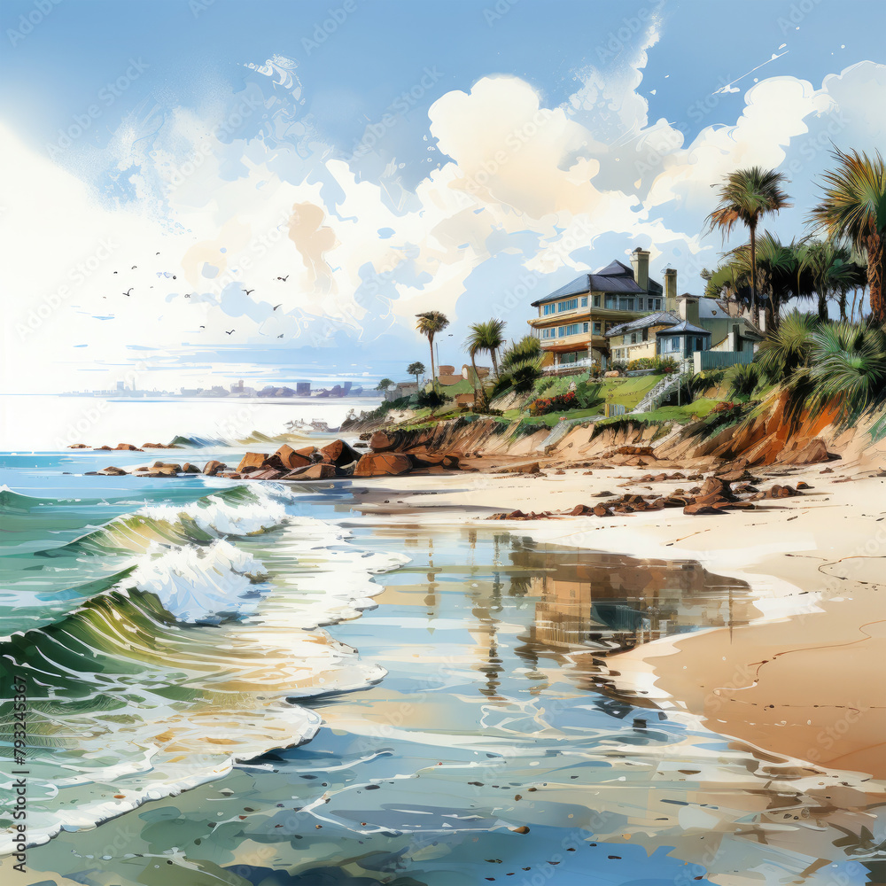 Naklejka premium Watercolor Beach Landscape, clipart Illustration, Generative Ai