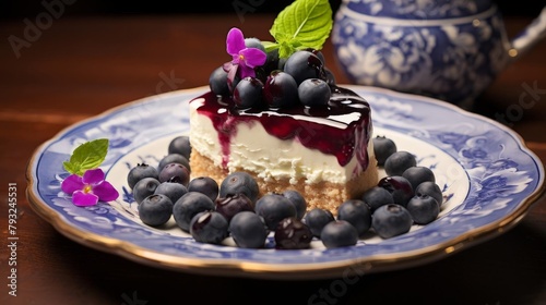 Gourmet blueberry cheesecake served on a delicate china plate, with a focus on the lush fruit topping and creamy texture