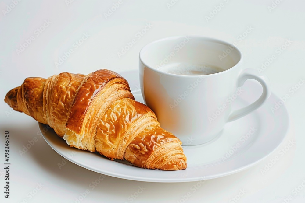A simple breakfast of coffee and croissant on a plate. Ideal for food and beverage concepts A simple breakfast of coffee and croissant on a plate. Ideal for food and beverage concepts