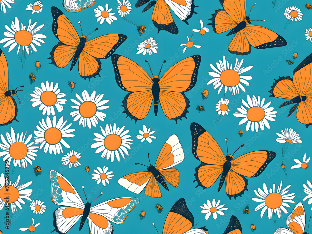 digital illustration of butterflies and flowers in blue tones