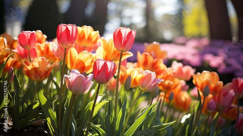 Closeup of vibrant tulips in full bloom under the spring sun, showcasing a variety of colors in a beautifully manicured public garden #793245746