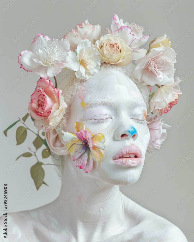 An artistic portrayal of a human figure adorned with intricate white floral arrangements, signifying purity and rebirth