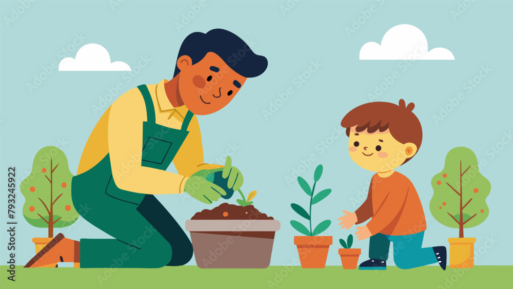 A boy squinting in concentration as he gently tucks his newly planted seeds into the soil guided by a seasoned gardener during a special Junior A boy squinting in concentration as he gently tucks his newly planted seeds into the soil guided by a seasoned gardener during a special Junior