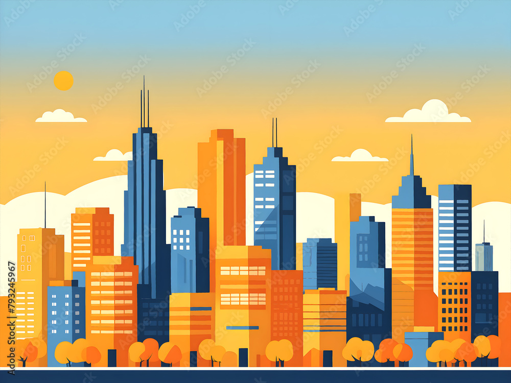 Flat vector illustration of a city skyline with a blue sky