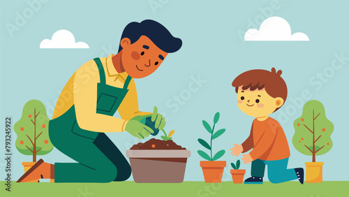 A boy squinting in concentration as he gently tucks his newly planted seeds into the soil guided by a seasoned gardener during a special Junior