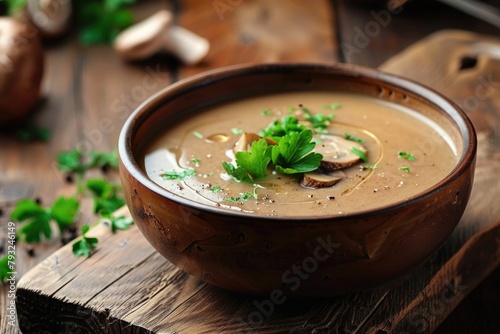 Freshly made mushroom soup on a wooden cutting board. Perfect for food blogs or recipe websites © Fotograf