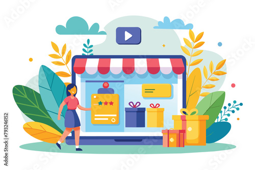 A woman stands in front of a computer screen, working or browsing online, Online shop promotion concept, Simple and minimalist flat Vector Illustration