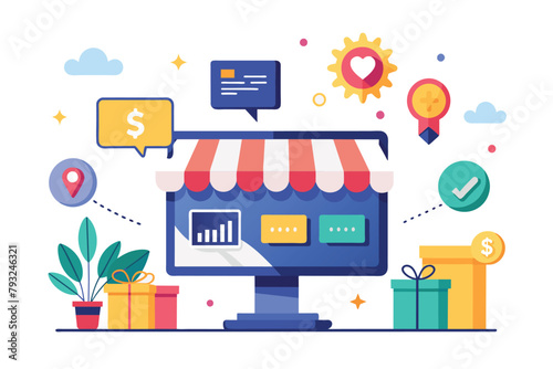 Computer Screen Showing Dollar Sign, Online shop promotion strategy concept, Simple and minimalist flat Vector Illustration photo